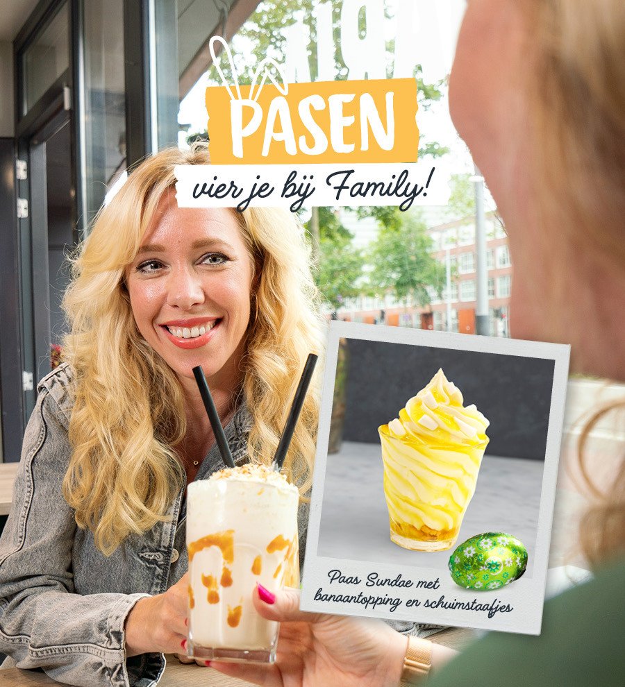 Paas Sundae Special met banaantopping en schuimstaafjes bij Family